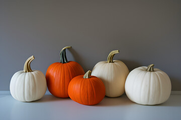 Halloween holiday, various pumpkins, space for text, generative ai