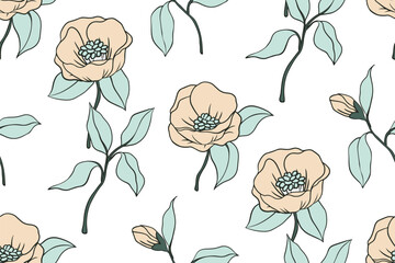 Seamless floral pattern, delicate flower print with spring botany. Cute botanical design for fabric, paper with hand drawn flowers on branches, leaves on white background. Vector illustration.