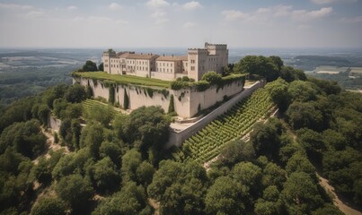  an aerial view of a castle with a vineyard on top of it.  generative ai