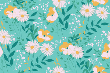Fototapeta na wymiar Seamless floral pattern, vintage flower print with wild garden. Beautiful botanical design for fabric, paper with hand drawn plants: flowers, leaves, herbs on a blue background. Vector illustration.