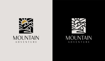Mountain travel emblems. Camping outdoor adventure emblems, badges and logo patches. Mountain tourism, hiking. Universal creative premium symbol. Vector illustration