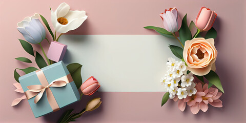 Mother Day, Women Day abstract background with copy space, feminine color background with spring flowers, gift boxes and hearts, Generative AI