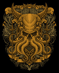 illustration demon octopus with two trident antique engraving ornament style good for your merchandise dan T shirt