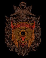 Fototapeta premium Illustration of tribal bear head with vintage engraving ornament in back perfect for your business and Merchandise