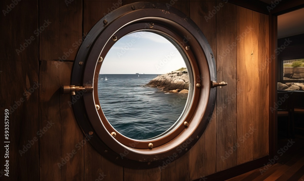 Sticker  a porthole window with a view of a body of water.  generative ai