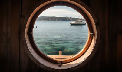  a view of a boat out of a porthole window.  generative ai
