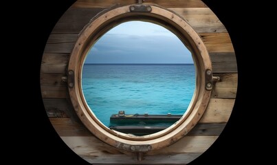  a porthole window with a boat in the ocean seen through it.  generative ai