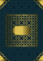 A4 title page with gold ornaments, corners and a blank nameplate in the middle. Dark blue background. Version number 3. Vector illustration