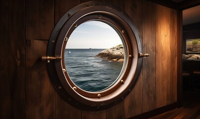  a porthole window with a view of a body of water.  generative ai