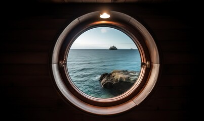 Obraz na płótnie Canvas a round window with a view of the ocean and a ship in the distance. generative ai