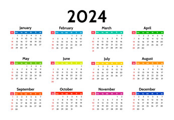 Calendar for 2024 isolated on a white background