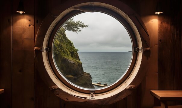  a round window with a view of the ocean and a cliff.  generative ai