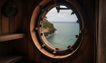 a round window with a view of a body of water.  generative ai