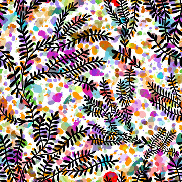 Seamless pattern of twigs and colored dots. Vector illustration.