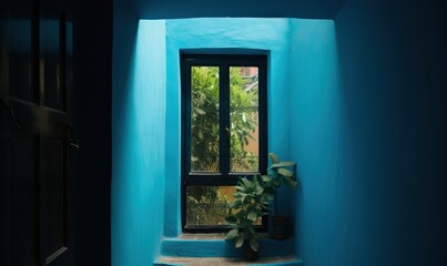  a blue room with a potted plant on the window sill.  generative ai