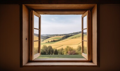  an open window with a view of a field and trees.  generative ai