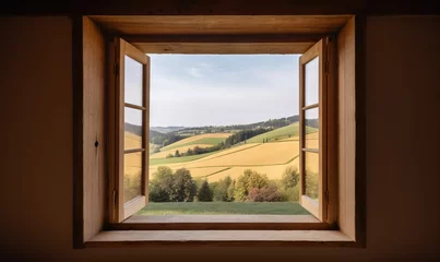 Papier Peint photo Lavable Chocolat brun  an open window with a view of a field and trees.  generative ai