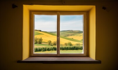  a window that has a view of a field outside of it.  generative ai