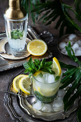 Fresh citrus  drink  or cocktail  with   mint green leaves