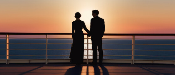 a bride and groom standing on the deck of a cruise ship with a sunset view,  Generative AI.