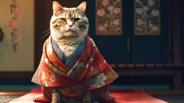 An image of a cat with a kimono at its belly