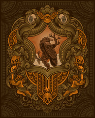 Illustration of antique crow with vintage engraving ornament in back perfect for your business and Merchandise