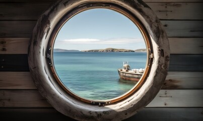 Fototapeta na wymiar a round window with a view of a boat in the water. generative ai