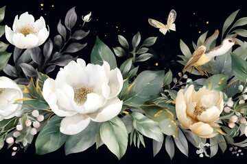 Watercolor seamless border - illustration with green gold leaves, white flowers, rose, peony and branches, for wedding stationary, greetings, wallpapers, fashion, backgrounds, wrappers, cards.