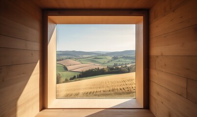  a window with a view of a field and hills in the distance.  generative ai