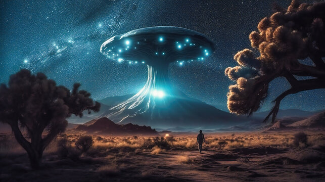 An astronaut on an alien spacecraft is looking at a tree in a desert