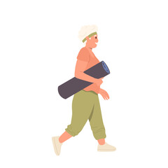 Aged elderly woman character in sportswear going for sport carrying fitness mat training accessory