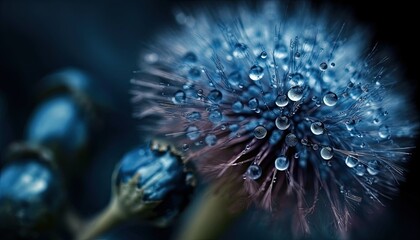 close up of blue dandelion head with flying seeds on dark background,generative ai.