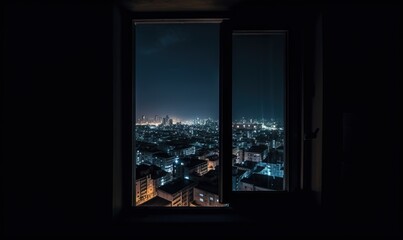  a view of a city at night from a window of a building.  generative ai
