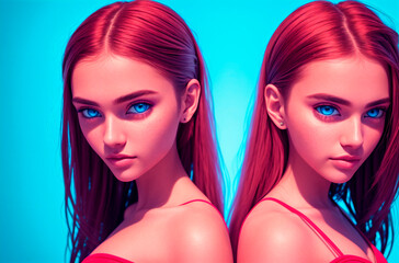 Naklejka premium Beautiful twin girls. Generative AI.