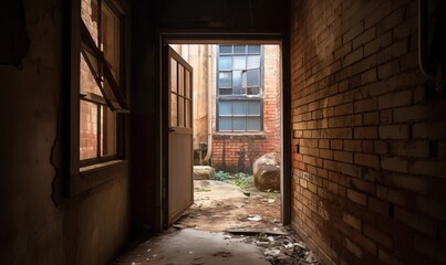 Fototapeta na wymiar an open door leading to a room with a brick wall. generative ai