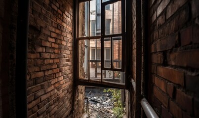  a window in a brick building with a metal railing in front of it.  generative ai