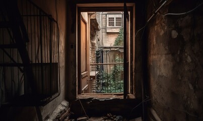Fototapeta na wymiar an open window in a run down building with a view of a courtyard. generative ai