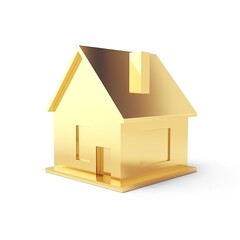 Minimalistic golden house 3d icon. Mortgage symbol 3d render on isolated background