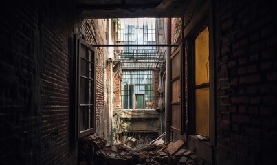 Fototapeta na wymiar a narrow alleyway with a broken window and debris everywhere. generative ai