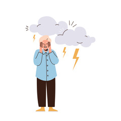 Frightened little boy child character afraid of thunderstorm covering ears from loud sound
