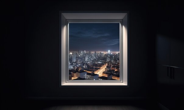  a window with a view of a city at night from a dark room.  generative ai