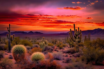 vibrant and colorful sunset over a desert