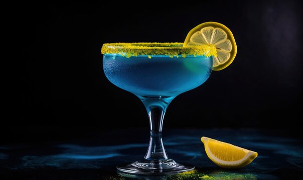  a blue cocktail with a lemon slice on the rim and a dark background.  generative ai