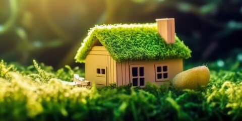Fototapeta na wymiar Eco house concept. Green and environmentally friendly housing. Miniature wooden house in spring grass, moss and ferns on a sunny day