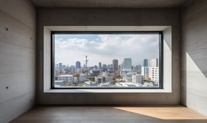  an empty room with a view of a city outside the window.  generative ai