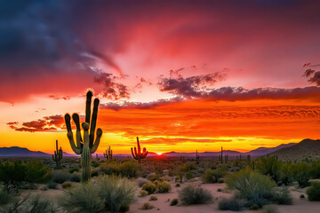 vibrant and colorful sunset over a desert