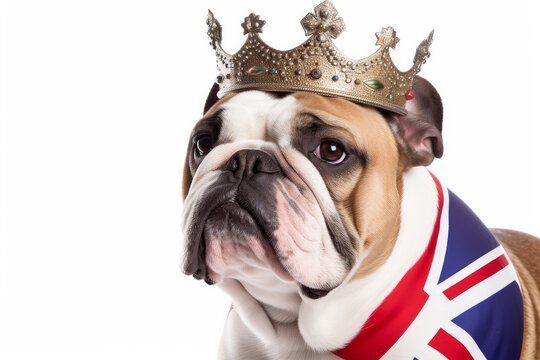 A portrait of a british bulldog wearing a union jack flag royal crown. Generative ai