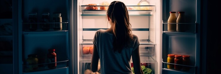 The girl stands in front of the open door of the refrigerator, looking inside it, in the dark. Generative AI