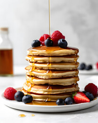 stack of pancakes with berries and maple syrup