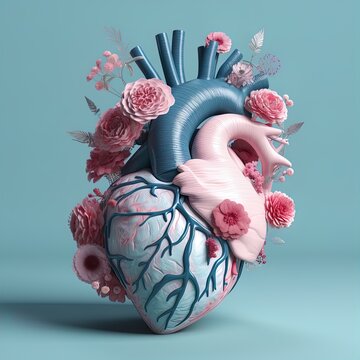 Anatomic heart with flowers 3d render on isolated background